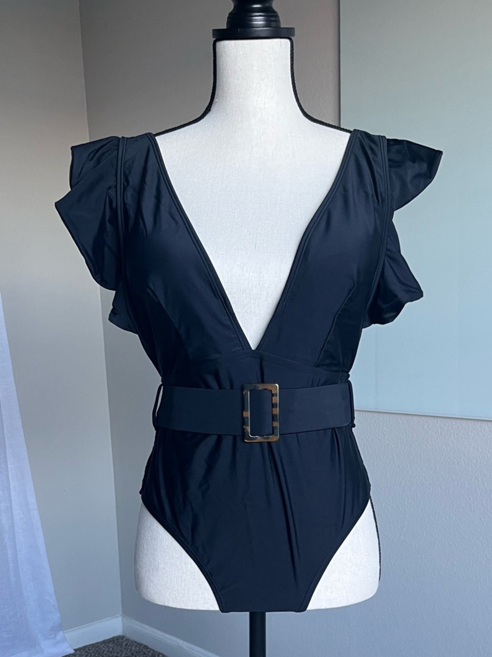 Black Ruffle One Piece Swimsuit Plunge V Neck Belted Tortoiseshell Buckle L NWT